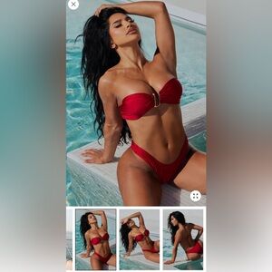 Red Bandeau Bikini Set with Gold Accent
